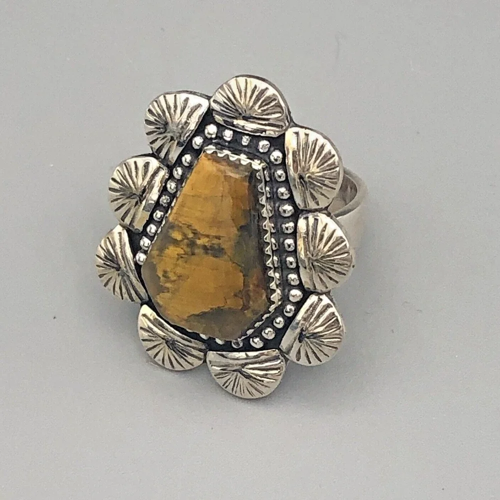 Navajo Handmade Tiger's Eye Sterling Silver Ring Size 8 Adjustable Concho Sun